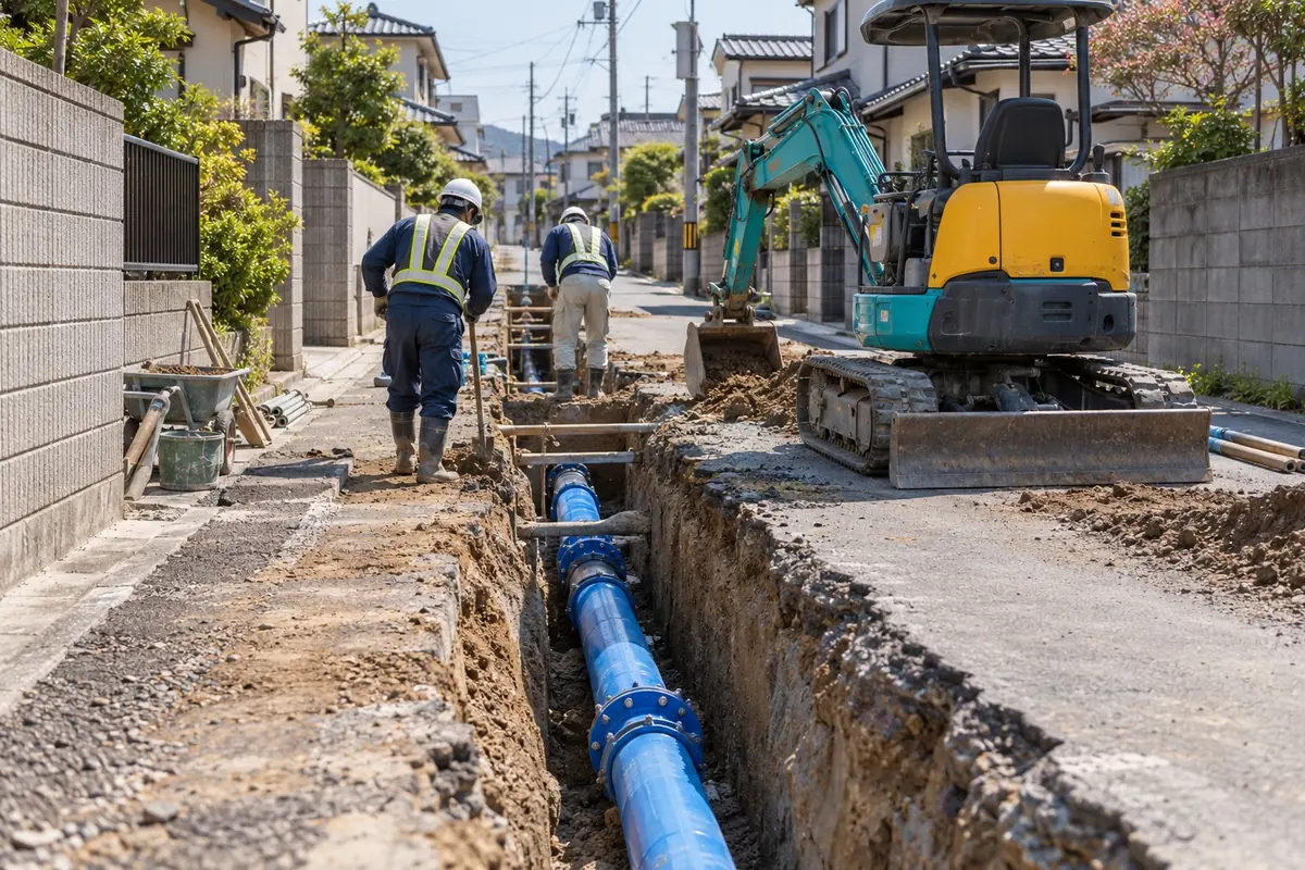 道路を掘削して配管を更新する作業